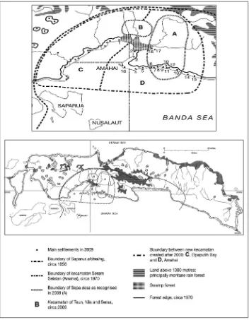 Figure 1. Map of Seram showing location of Nuaulu and other places mentioned in the text, and indicating some relevant changes in administrative boundaries between 1856 and 2009
