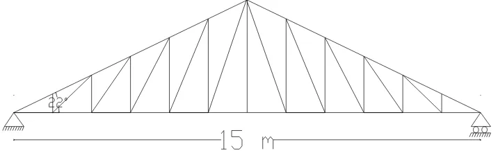 Gambar 1.1. Rangka atap baja segitiga tipe Pratt . Bentang 15m , α = 220