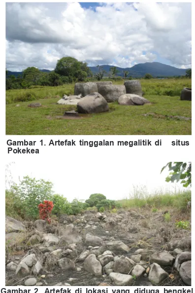 Gambar 2. Artefak di lokasi yang diduga bengkel pembuatan batu kalamba di Desa Hangira 