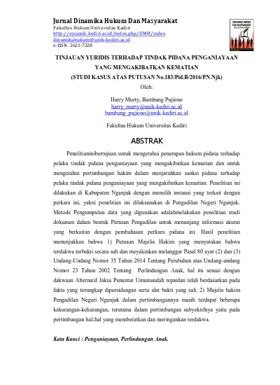 TINJAUAN YURIDIS TERHADAP TINDAK PIDANA PENGANIAYAAN YANG MENGAKIBATKAN ...