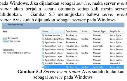 Gambar 5.3 Server event router Avis sudah dijalankan  sebagai service pada Windows 