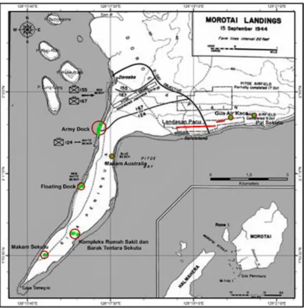 Gambar 1. Hasil registrasi dan overlay peta pendaratan  pasukan sekutu dalam pertempuran Morotai  (Battle of Morotai) pada hari pertama 15 September  1944 dengan plotting peningalan arkeologis