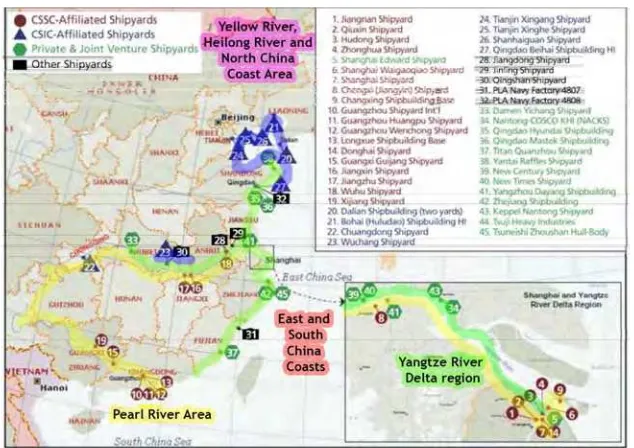 Gambar 2. 5. Lokasi industri galangan kapal di China (Collins & Grubb, 2008) dan pembagian klaster (OECD, 2008a) (diolah) 