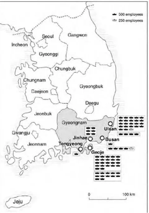 Gambar 2. 7 Lokasi klaster industri galangan kapal di Korea Selatan (Chen et al., 2010)