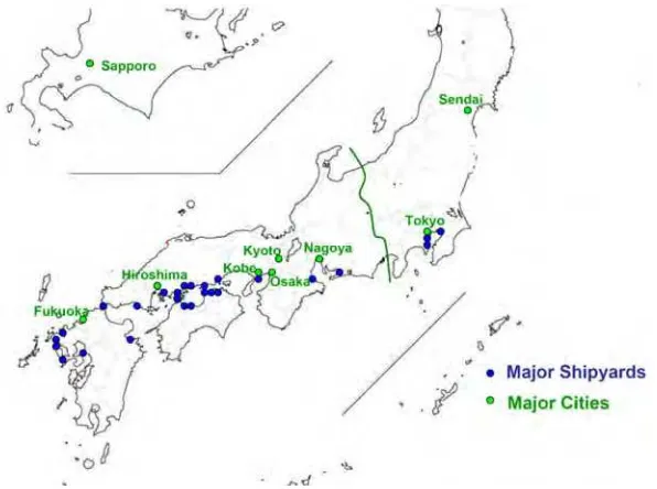 Gambar 2. 9 Peta industri galangan kapal di Jepang, klaster tidak berdasarkan geografis (Mitsui Engineering & Shipbuilding Co., LTD., 2010)