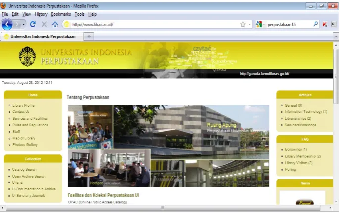 Gambar 1        : Homepage Perpustakaan Universitas Indonesiahttp://www.lib.ui.ac.id/ (diunduh pada tgl 1 September 2012: 13.30 wib)