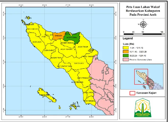 Gambar 3 Peta luas lahan wakaf tanah kabupaten/kota Provinsi Aceh tahun 2018 