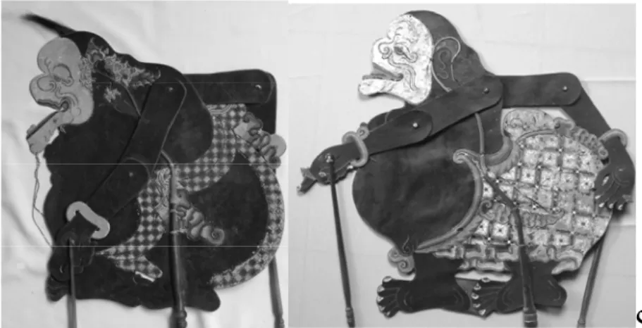 Gambar 5  Figur wayang Semar gagrak Cirebon (kiri) dan gagrak Surakarta.  Jelas terdapat pemaknaan yang berbeda terhadap Semar gagrak Surakarta, di  mana tokoh ini tidak dimaknai sebagai seorang Sufi, namun lebih abstrak dan  filosofis, sehingga beralasan 