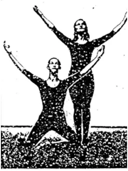 Gambar 16. Gerakan meniru dan kontras dalam desain penari yang berhubungan dengan objek atau dengan penari lainnya Sumber: Sumandyohadi, 1985 