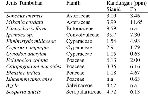 Tabel 2. Kandungan Sianida dan timbal pada tumbuhan yang tumbuh  di sekitar tailing dan  PT Antam Pongkor Bogor 