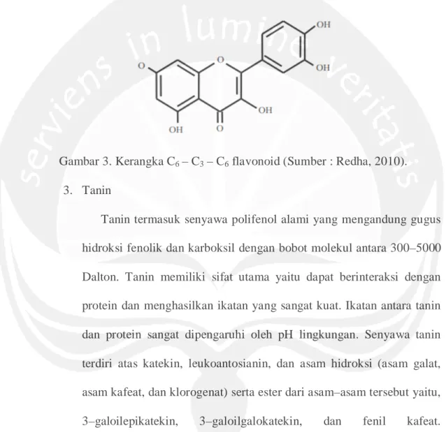 Gambar 3. Kerangka C 6  – C 3  – C 6  flavonoid (Sumber : Redha, 2010).  3.  Tanin 