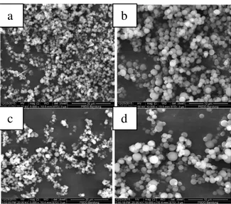 Gambar 6. Morfologi Luar Epidermis Nanosilika : sampel B1 a)5000x b)10000x ; sampel B2 c)5000x d)10000x  Berdasarkan Gambar 6, sampel B1 menghasilkan silika dengan ukuran antara 50  – 1500 nm sementara sampel  B2  memiliki  ukuran  yang  lebih  besar  anta