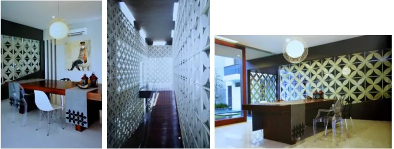 Gambar 4. Terapan motif batik kawung pada interior Gayungsari House, Surabaya. Ragam hiasbatik berfungsi sebagai partisi dinding krawang (Sumber: Imelda Akmal, 2012:145, 151, 158).
