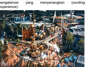 Gambar 1. Tommorrow Land, Disneyland Amusement  Park, Universal Singapura (Sumber:Littaye, 2010)  Fenomena  ‘entertainment  architecture’  kemudian  berkembang pada paruh akhir abad 20 di di beberapa  negara,  ditandai  dengan  kehadiran  karya-karya  arsi