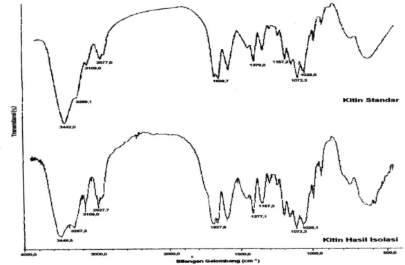 Gambar 1. Spektra Inframerah Kitin Standar (atas) dan Hasil Isolasi Cangkang Kepiting (bawah) 