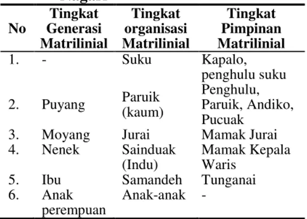 Tabel 1.  Tingkat  Organisasi  Geneologis  di  Nagari  No  Tingkat  Generasi  Matrilinial  Tingkat  organisasi  Matrilinial  Tingkat  Pimpinan  Matrilinial  1