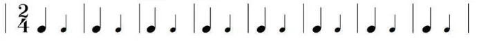 Gambar 16. Downbeat (simbol not yang besar di setiap birama) pada sukat 4/4 yang jatuh pada ketukan kesatu (Sumber: Course, 2002:9)  