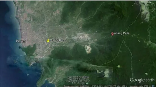 Gambar 3 Stasiun pengukuran curah hujan dan suhu (Stasiun BMKG Ladang Padi) serta pengukuran  debit sungai utama DAS Batang Arau (Pos Duga Air – PU)