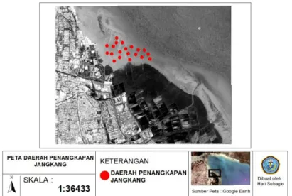 Gambar 1. Lokasi penangkapan  kepiting  jangkang (titik  merah)  pada hamparan area pasang surut pantai  timur Kota Surabaya