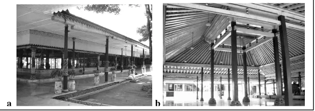 Figure 4. (a) Bangsal Kencana, oriented primary marker; (b) Dalem Kesatryan in the east of Prabayeksa (photo: writer, 2007)