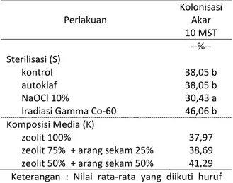 Tabel  1.  Pengaruh    Jenis    Sterilisasi  Media  dan  Komposisi  Media  terhadap  Kolonisasi Akar  Perlakuan  Kolonisasi Akar   10 MST  Sterilisasi (S)  kontrol  autoklaf  NaOCl 10% 