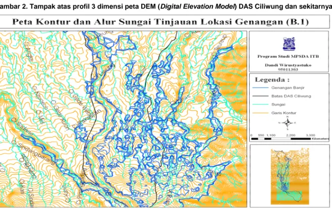 Gambar 3. Peta kontur dan alur sungai tinjauan lokasi genangan  Percabangan  alur  sungai  di  luar  daerah  DAS  Ciliwung 