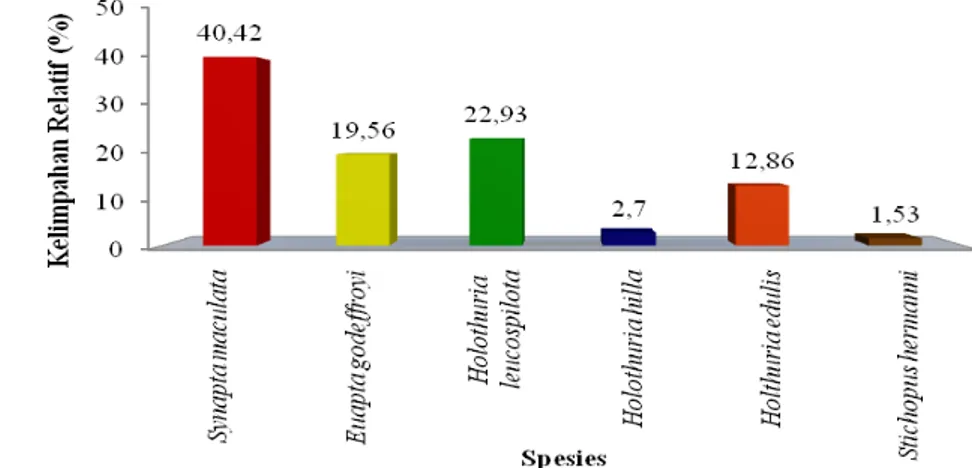 Gambar 2.  Histogram Kelimpahan Relatif (%) per Spesies Teripang di Pulau Pramuka 