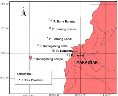 Gambar 1.  Lokasi penelitian di Kepulauan Spermonde, Makassar. 