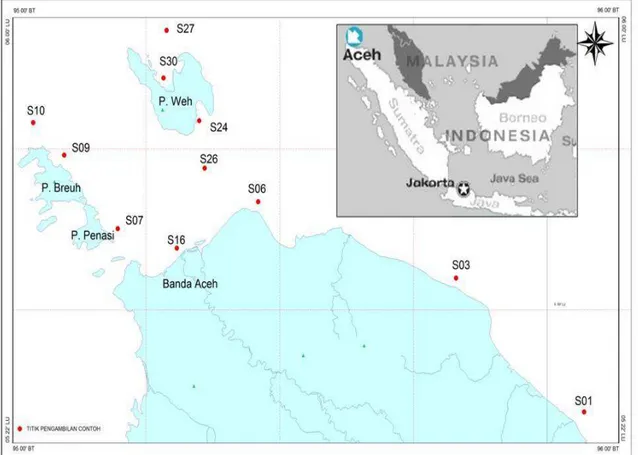 Gambar 1. Lokasi penelitian dan pengambilan contoh sedimen di perairan sekitar Aceh (Silalahi, drr., 2011)