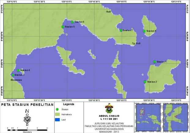 Gambar 1. Peta lokasi penelitian dengan delapan stasiun pengambilan sampel  2.  Tahap Pengambilan Data 