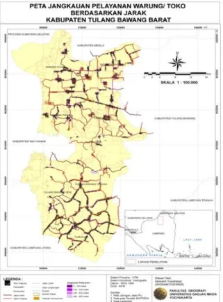 Gambar 4.2. Peta Jangkauan Pelayanan Warung/ Toko  Berdasarkan Waktu Tempuh Kabupaten Tulang Bawang  Barat 