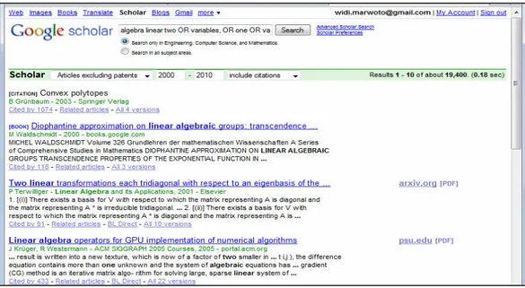 Gambar 1.9 Contoh Pengaturan Pencarian Layanan advanced scholar search pada  Halaman Situs http://scholar.google.com/  
