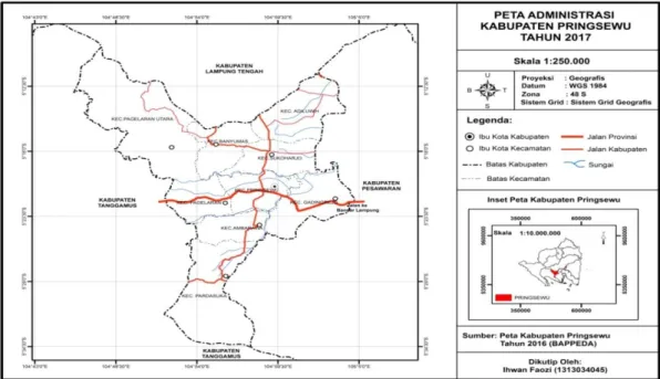 Gambar 1. Peta Administrasi Kabupaten Pringsewu Tahun 2017  Jumlah  Penduduk  dan  Kepadatan 