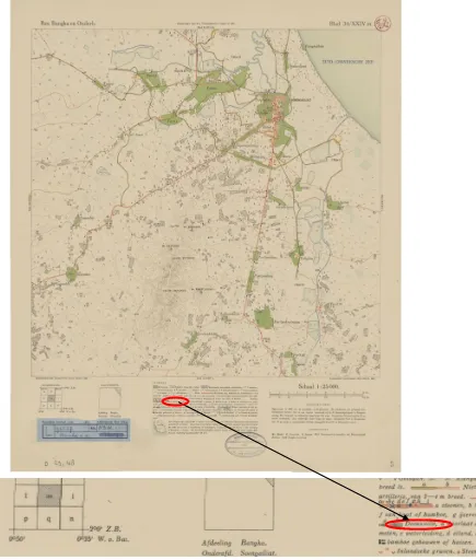 Gambar 3.  Peta Kota Sungailiat tahun 1930 (lokasi Kampung Kualo & keterangan tentang rel trem dalam lingkaran merah) (Sumber:  KNVLT collection 1930) 