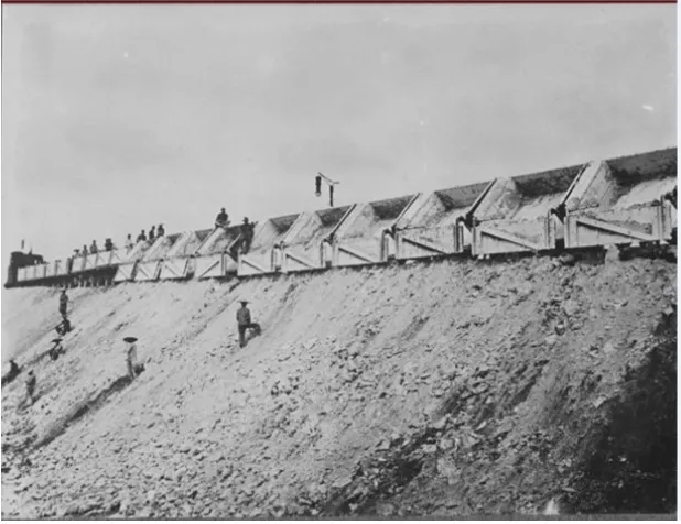 Gambar 4.  Foto kereta Decauvile beroperasi di Tambang Timah Sungailiat tahun 1914 (Sumber: Koleksi Tropen Museum) 