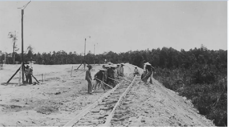 Gambar 8.  Foto koelie tambang memperbaiki rel kereta Decauvile di Sungailiat (Sumber:  Tropen Museum 1914 ) 
