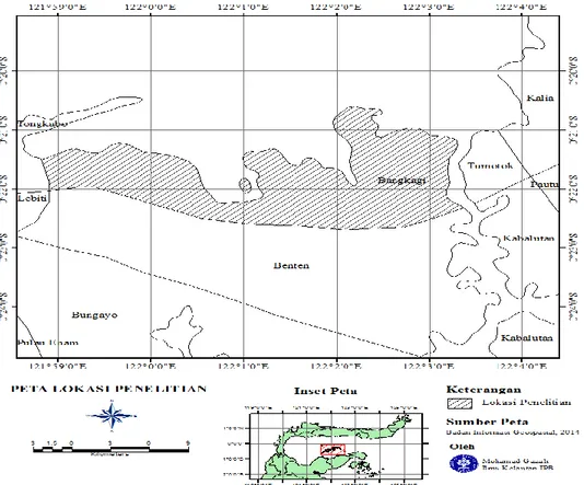 Gambar  1.  Lokasi  sampling  X.  granatum  di  Desa  Bangkagi  Kecamatan  Togean  Kabupaten              Tojo  Una-una Provinsi Sulawesi Tengah, Indonesia