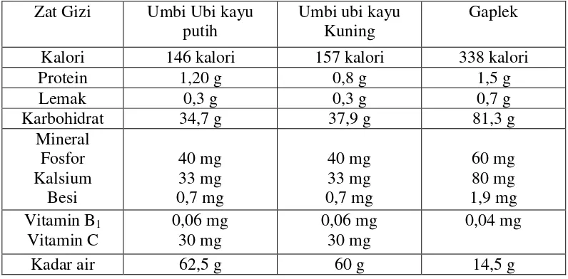 Tabel 2.1 Kandungan zat gizi dalam umbi ubi kayu dan produk olahannya tiap 100g 