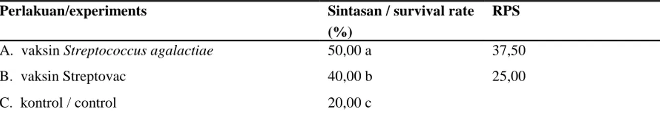 Tabel 4.  Nilai  rataan  sintasan  (%)  ikan  uji  pada  akhir  proses  uji  tantang  terhadap  Streptococcus  agalactiae  N14G  yang  diamati  selama  14  hari