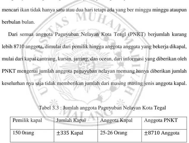 Tabel 3.3 : Jumlah anggota Paguyuban Nelayan Kota Tegal  Pemilik kapal   Jumlah Kapal   Anggota Kapal   Anggota PNKT  150 0rang   ±335 Kapal   25-26 Orang   ±8710 Anggota 