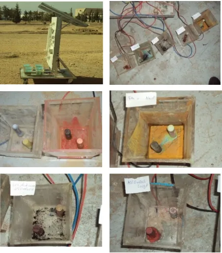 Figure 1. Photographs of the photovoltaic model and the electrolysers with their corroded electrodes