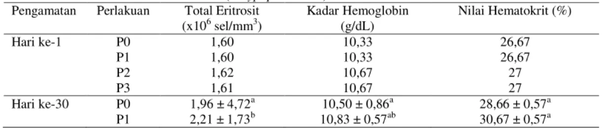 Tabel 1. Profil Eritrosit Ikan Jambal Siam (P.hypophthalmus)  Pengamatan  Perlakuan  Total Eritrosit 