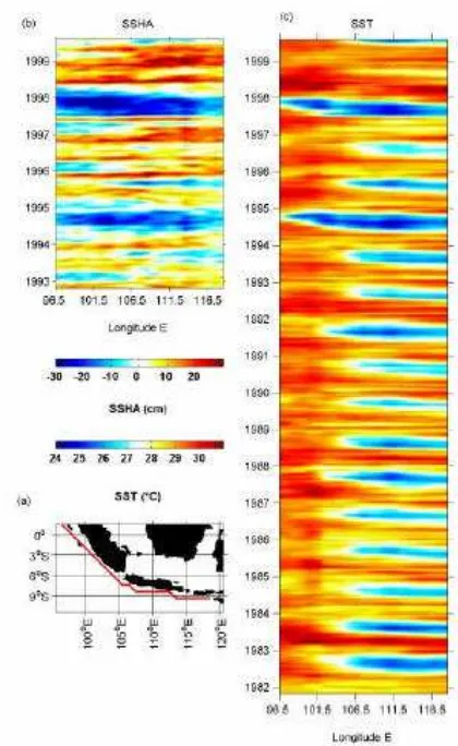 Gambar 3.  Profil melintang suhu terhadap waktu dari data hidrografi dan                     XBT/MBT sepanjang Pantai Jawa dan Sumatera (Susanto et al.,                     2001) 