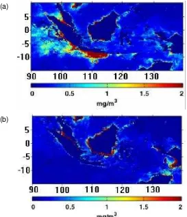 Gambar 9.  Sebaran konsentrasi klorofil-a di wilayah perairan Indonesia pada                     bulan November 1997 (El Nino) (a) dan November 1998 (La Nina) (b)   