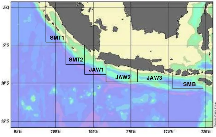 Gambar 12.  Daerah penelitian yang terbagi menjadi 6 wilayah penelitian yaitu di                       perairan barat Sumatera terbagi menjadi Sumatera 1 (SMT1) dan                       Sumatera 2 (SMT2) dan di perairan selatan Jawa terbagi menjadi                       Jawa 1 (JAW1), Jawa 2 (JAW2), Jawa 3 (JAW3), dan Sumbawa                       (SMB) 