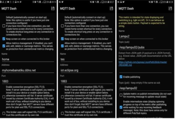 Gambar 4. Pengatuan Alamat MQTT Broker dan topik pada aplikasi MQTT-Dash android. 