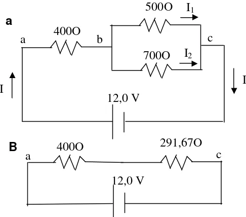 Gambar: (a) Rangkaian gabungan seri dan paralel.                (b) Rangkaian ekivalen, menunjukkan hambatan          ekivalen 291,67 ?  untuk dua buah resistor paralel pada (a)