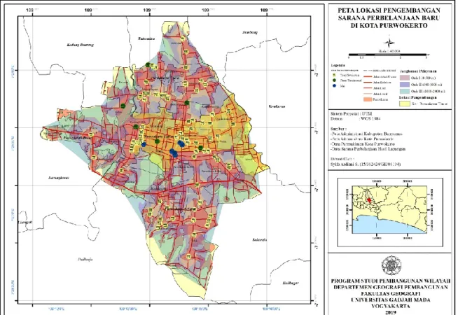 Gambar 1.2 Peta Lokasi Pengembangan Sarana Perbelanjaan Baru di Kota Purwokerto  (Sumber : Analisis Penulis, 2019) 