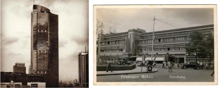 Figure 1 (left-right) the faux vintage photo of modern buildings and the genuine old photo of Preanger Hotel around1950s