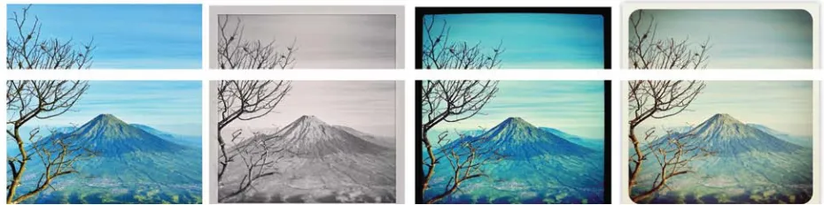 Figure 2. (left-right) questionnaire stimulus: photo of a mountain without filters, modification 1 with Willow, modification 2 with XproII and modification 3 with Earlybird 